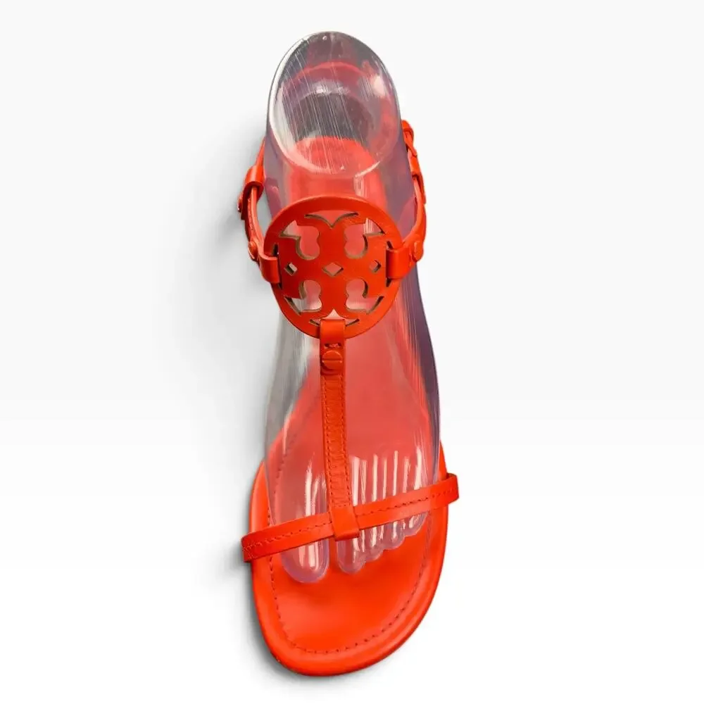 Tory Burch Women’s Orange Leather Logo Medallion T-Strap Wedge Sandals Size 8.5M